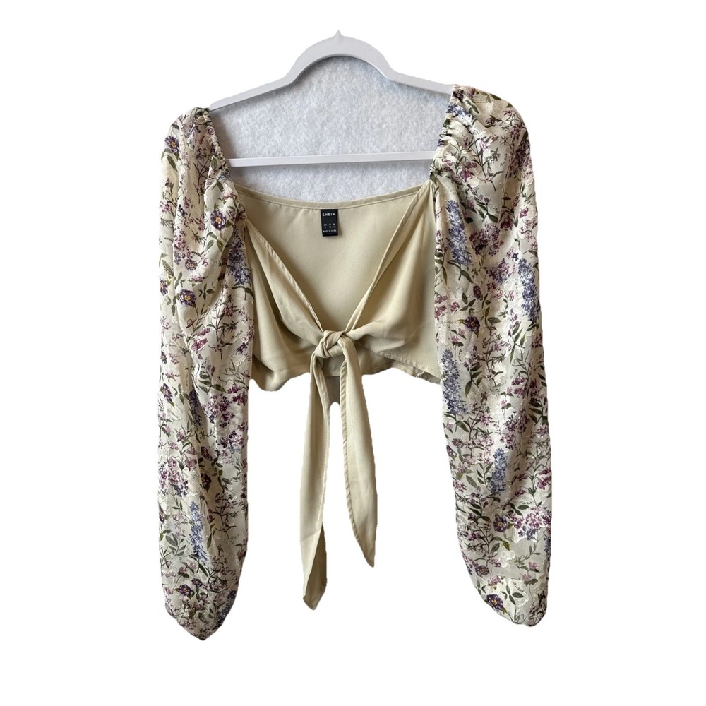 Fairy Sheer Floral Balloon Sleeve Tie Front Cropped Top Women's‎ 6 Festival Boho